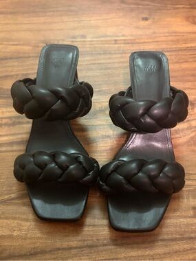 H&M Black Braided Double-Strap Heeled Slides